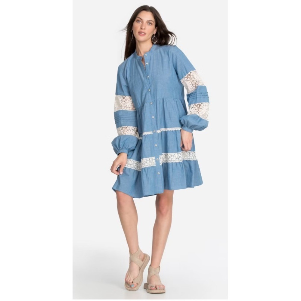 Johnny Was L34721-N Laguna Pieced Dress Blue Chambray Tunic Lace $380 sz XL NWT